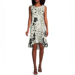 BRYN WALKER White & Green Cotton Floral Sleeveless Ruffle Hem Dress